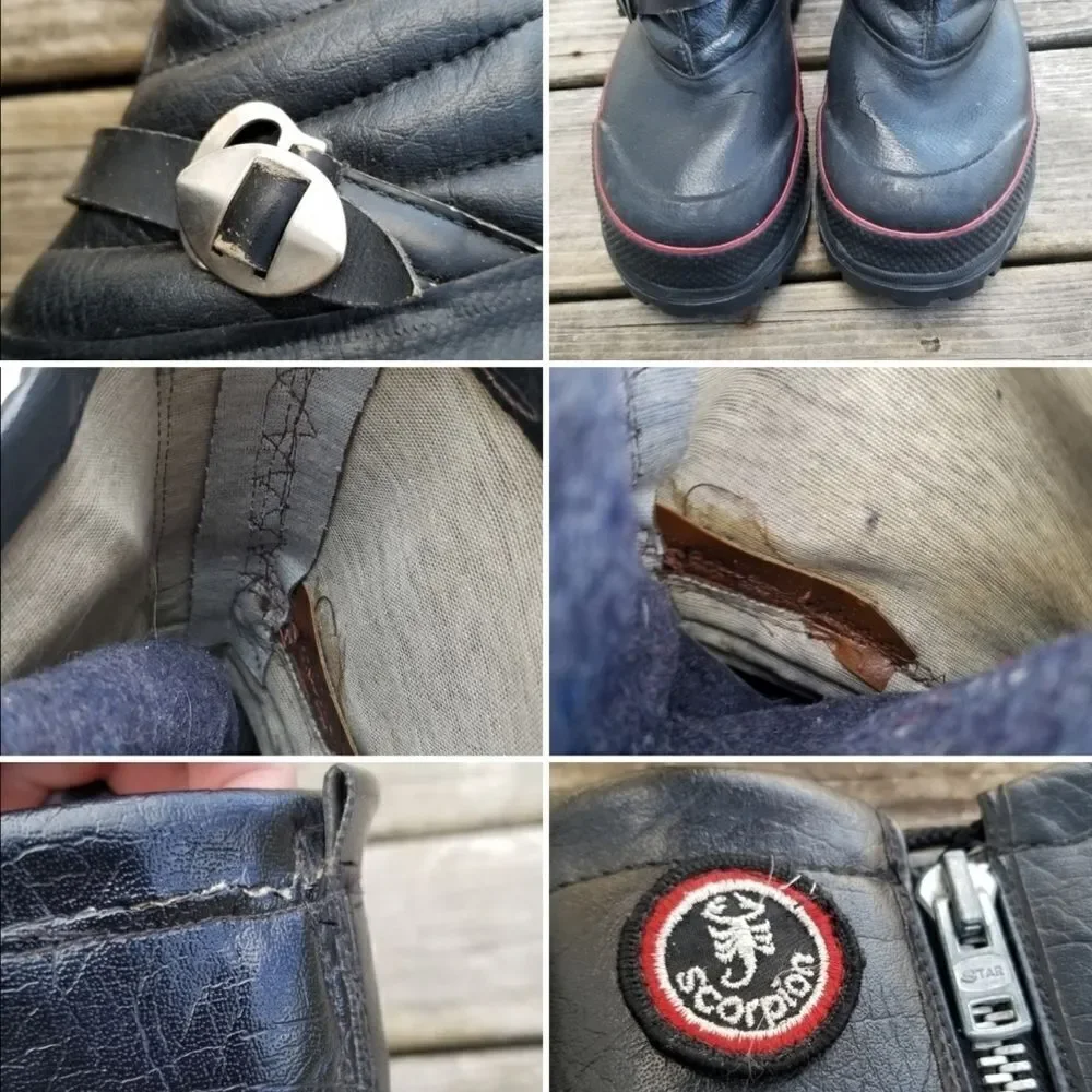 Vintage 80s Scorpion Snowmobile Boots Black Leather Red Stripe Grunge Distressed